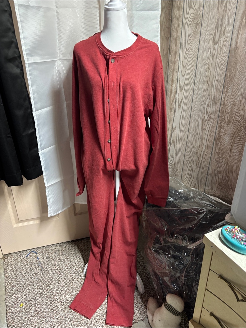 Duluth Trading Co Red Button-Front onesie with back flap